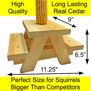 Feeling Squirrelly Squirrel Picnic Table Feeder - Large Sized Hanging Mini Picnic Table for Squirrels - Corn Cob Holders - Natural Resistant Cedar Wood