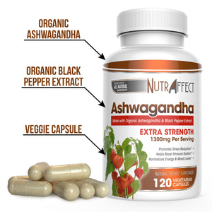Nutraffect Organic Ashwagandha Supplement with Black Pepper Extract - 1300mg Per Serving - 120 Vegan Capsules