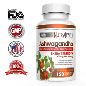 Nutraffect Organic Ashwagandha Supplement with Black Pepper Extract - 1300mg Per Serving - 120 Vegan Capsules